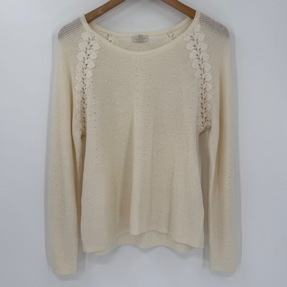 Garnet Hill Merino Wool Cotton Lace‎ Shoulder Sweater Ivory Size Medium